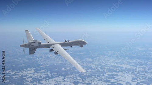 Military drones fly in the sky. Close up on unmanned fighter drones flying above the clouds.