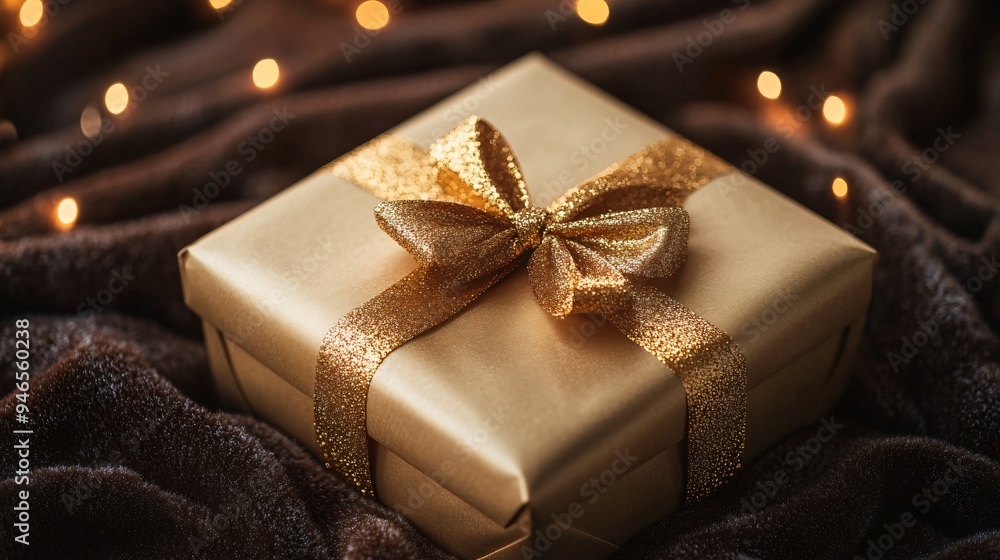 A luxurious gift box wrapped in gold foil paper, with a velvet ribbon, placed on a velvet background with soft lighting A luxurious gift box wrapped in gold foil paper, with a velvet ribbon, placed on a velvet background with soft lighting