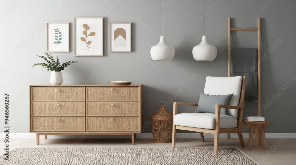 Modern living room with wooden drawers and stunning painting on wall Modern living room with wooden drawers and stunning painting on wall