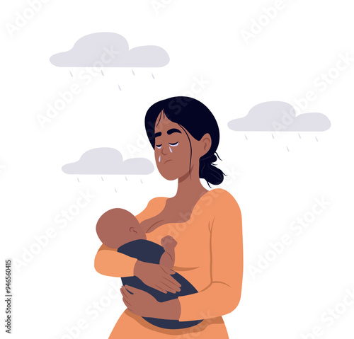 Postpartum depression. Young mother holds a child in her arms and cries. Vector illustration in flat style