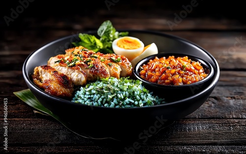 Nasi Kerabu served on a banana leaf, vibrant blue rice, colorful assortment of herbs, fried chicken, salted egg, and spicy sambal, all set against a rustic wooden table photo