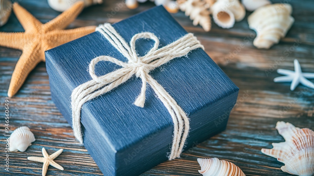 A nautical-themed gift box wrapped in navy blue paper, with a white rope ribbon, placed on a wooden surface with seashells and starfish A nautical-themed gift box wrapped in navy blue paper, with a white rope ribbon, placed on a wooden surface with seashells and starfish