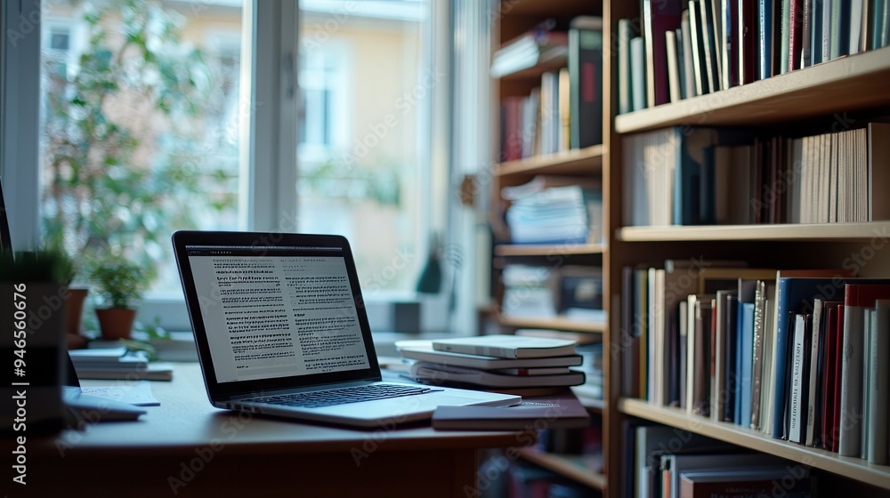Laptop on Desk with Bookshelf and Window View Laptop on Desk with Bookshelf and Window View