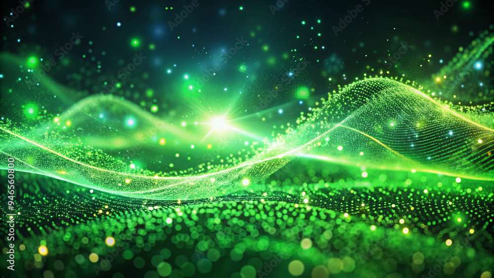 On a dark background, green waves glow and flow, representing an abstract digital landscape of particles and technology. On a dark background, green waves glow and flow, representing an abstract digital landscape of particles and technology.