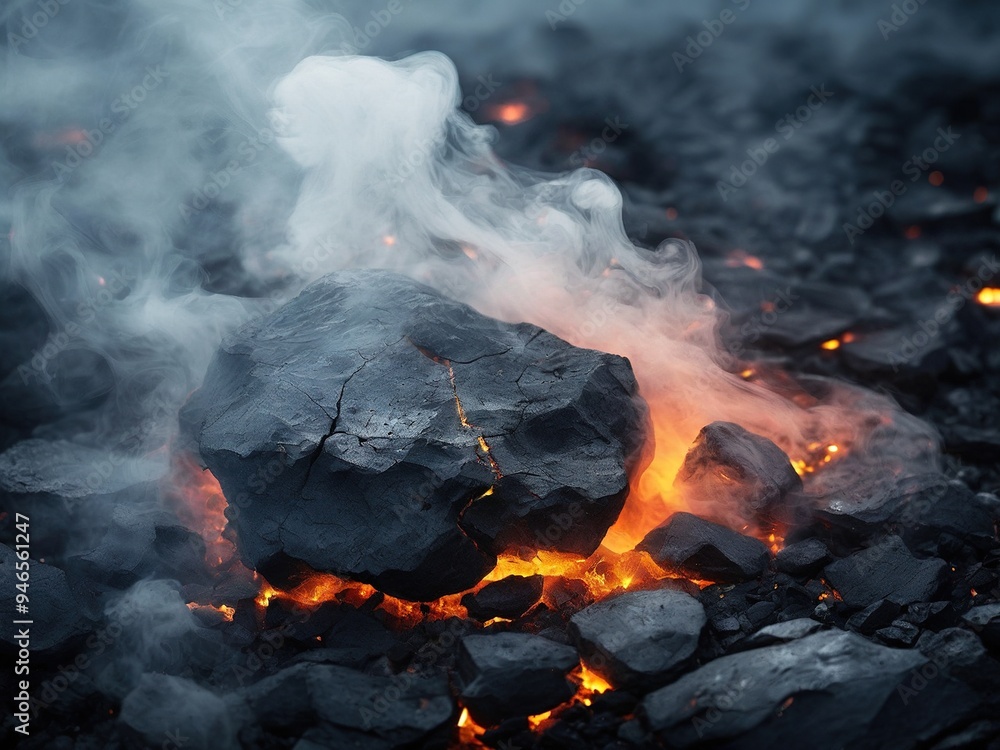 A close-up shot of a large piece of coal smoldering and smoking in a pile of hot embers. A close-up shot of a large piece of coal smoldering and smoking in a pile of hot embers.