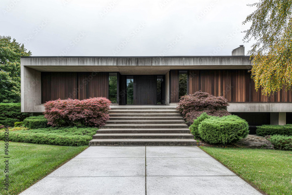 Obraz premium Mid-century modern house with lush landscaping