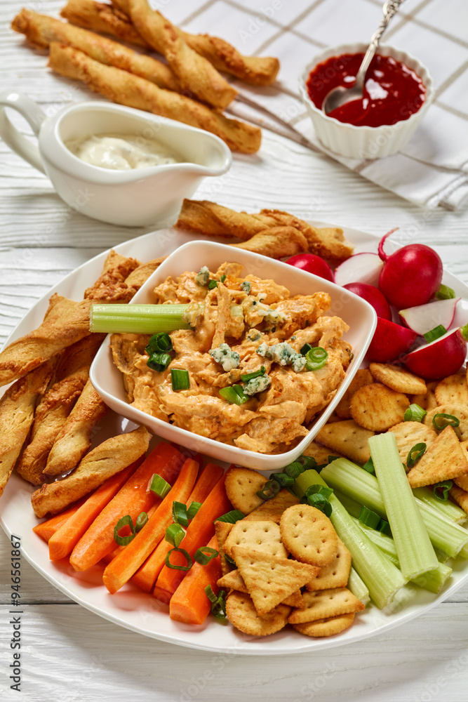 buffalo chicken dip with veggie and bread sticks buffalo chicken dip with veggie and bread sticks