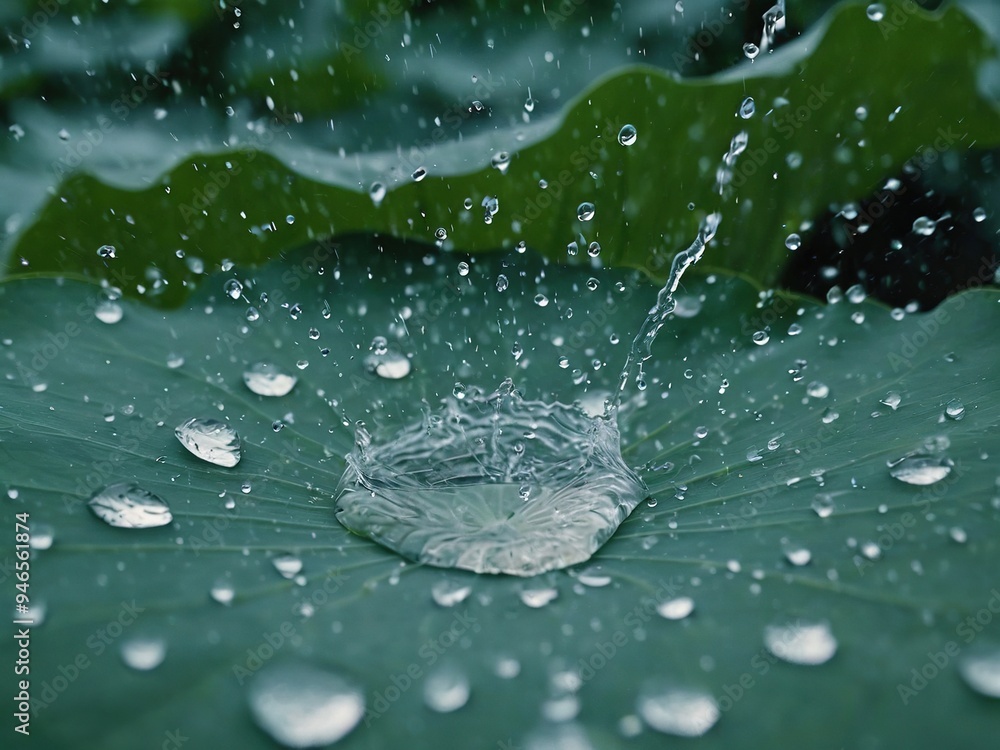 A close-up shot of water droplets falling on a large green lotus leaf, with the water splashing in the center. A close-up shot of water droplets falling on a large green lotus leaf, with the water splashing in the center.