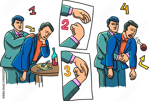 Heimlich maneuver, saving someone choking on food. An office colleague helps an employee at a corporate event. Instructions for helping when someone is choking. A comically funny sketch of the