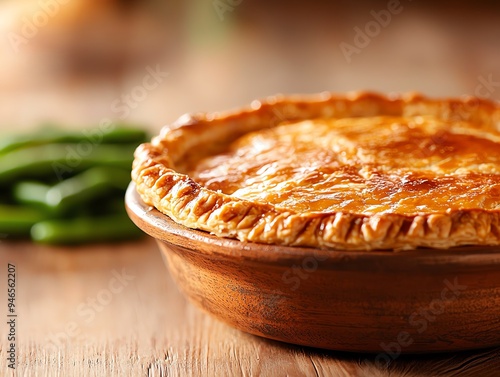 Savory turkey pot pie with a golden flaky crust, served in a rustic bowl with a side of green beans photo