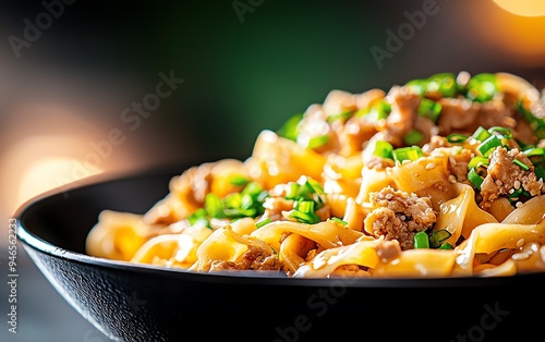 Shaanxi biang biang noodles, wide and handpulled, topped with spicy minced meat, garlic, and green onions, served in a large, shallow bowl with a side of vinegar photo