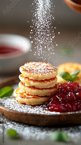 Saxon Quarkkaulchen, small sweet cheese pancakes dusted with powdered sugar, served with a side of apple compote on a rustic plate photo