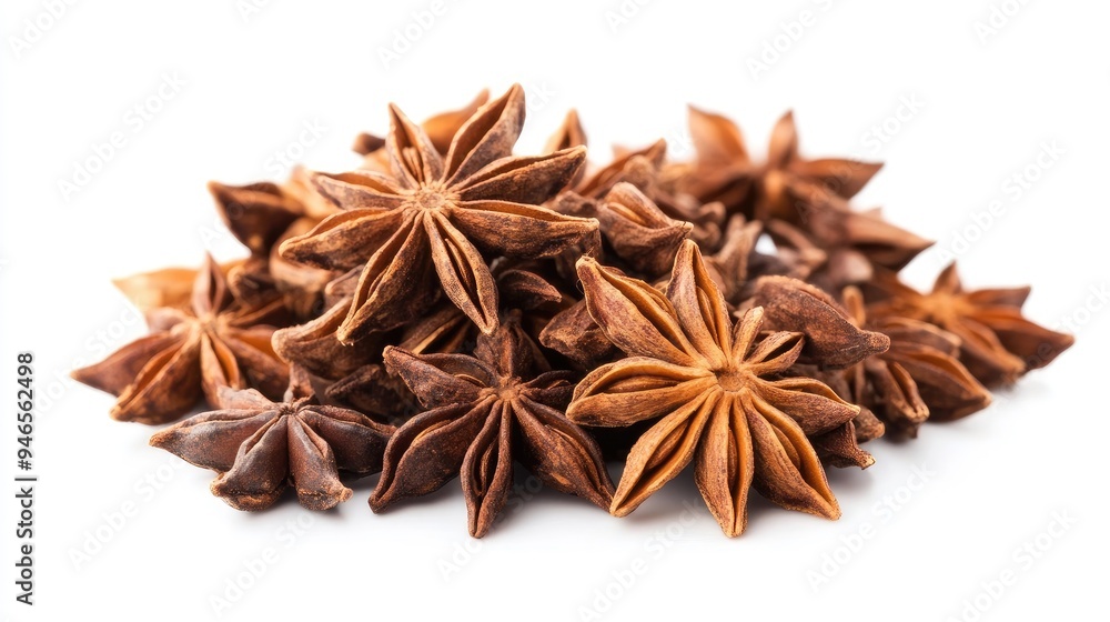 Close-up of a small pile of star anise on a white background, showcasing their unique shape and detail, no people. Close-up of a small pile of star anise on a white background, showcasing their unique shape and detail, no people.