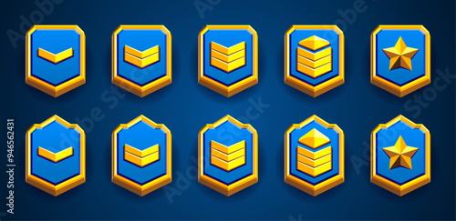 Level rank shield rank collection. Military patent, spikes, stars, 3d, flat style. Golden achievements set. Adventure, fantasy. Blue, orange, yellow colors. Easy edit. Perfect for games.