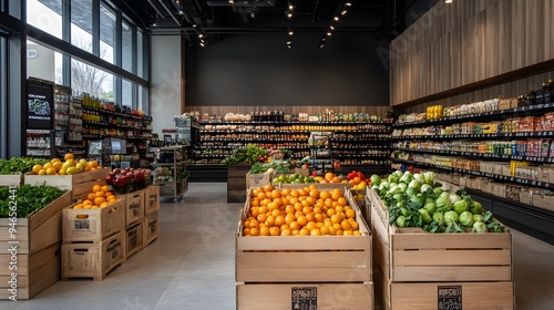 Wallpaper Mural Fruit and vegetable display in organic grocery store with wooden boxes of fresh produce, fruit trees, greenery, interior design of modern grocery shop, architecture photography, warm lighting Torontodigital.ca