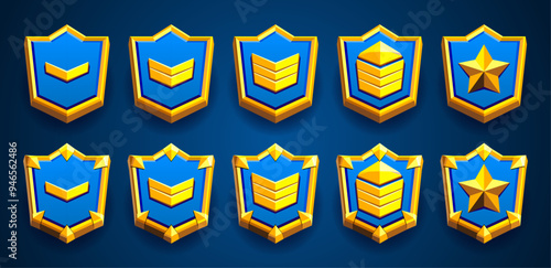 Game rank gold level rank set. Military patent, spikes, stars, three dimensional, flat style. Gold achievements collection. Perfect for games. Fantasy, adventure. Blue, orange, yellow colors. Easy edi