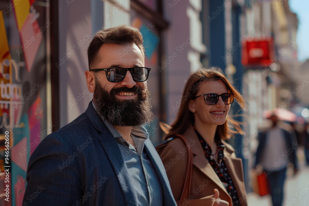 Happy couple shopping, city street, man with beard and sunglasses, wife with glasses, woman ahead with brown bag, abstract store windows, urban setting. Happy couple shopping, city street, man with beard and sunglasses, wife with glasses, woman ahead with brown bag, abstract store windows, urban setting.