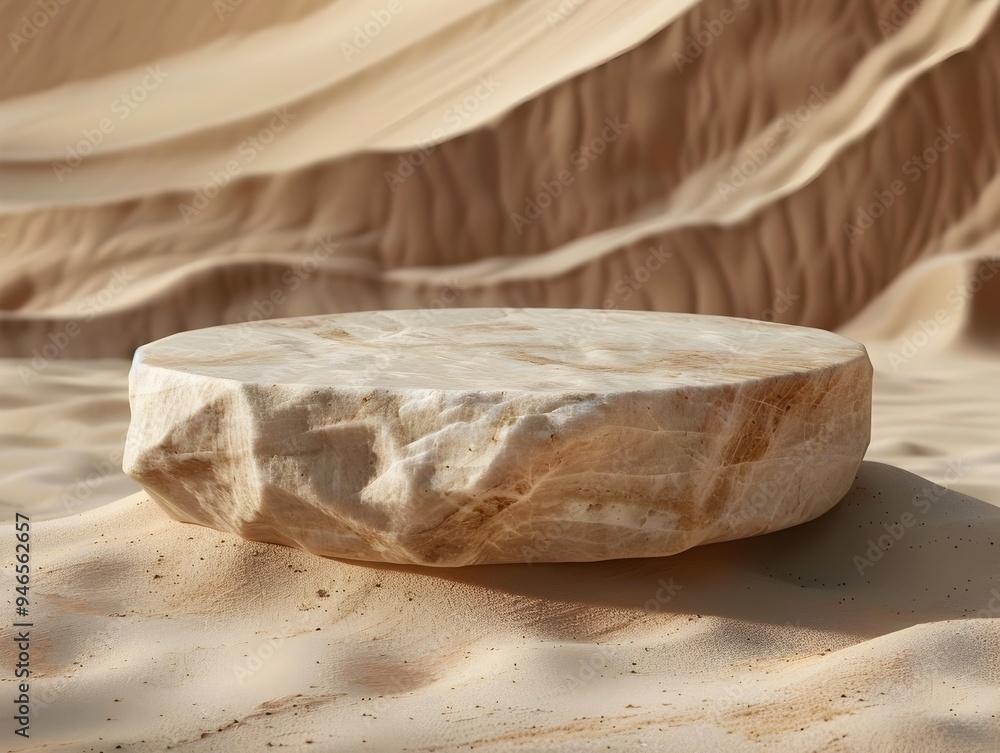 Smooth Sandstone Pedestal on Desert Themed Backdrop for Sustainable Product Presentation Smooth Sandstone Pedestal on Desert Themed Backdrop for Sustainable Product Presentation
