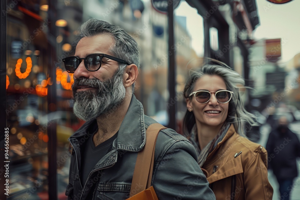Happy couple shopping, city street, man with beard and sunglasses, wife with glasses, woman ahead with brown bag, abstract store windows, urban setting. Happy couple shopping, city street, man with beard and sunglasses, wife with glasses, woman ahead with brown bag, abstract store windows, urban setting.