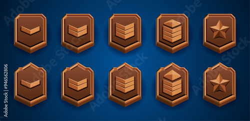 Game level wood badge rank set. Patent and stars, 3d flat style. Vector achievements collection. Perfect for games. Fantasy, sci-fi. Brown color. Wood material. Easy edit.