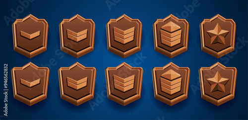 Game rank woody level emblem set. Military patent, stars, three dimensional, flat style. Achievements collection. Perfect for games. Fantasy, adventure. Realistic flat wood. Easy edit.