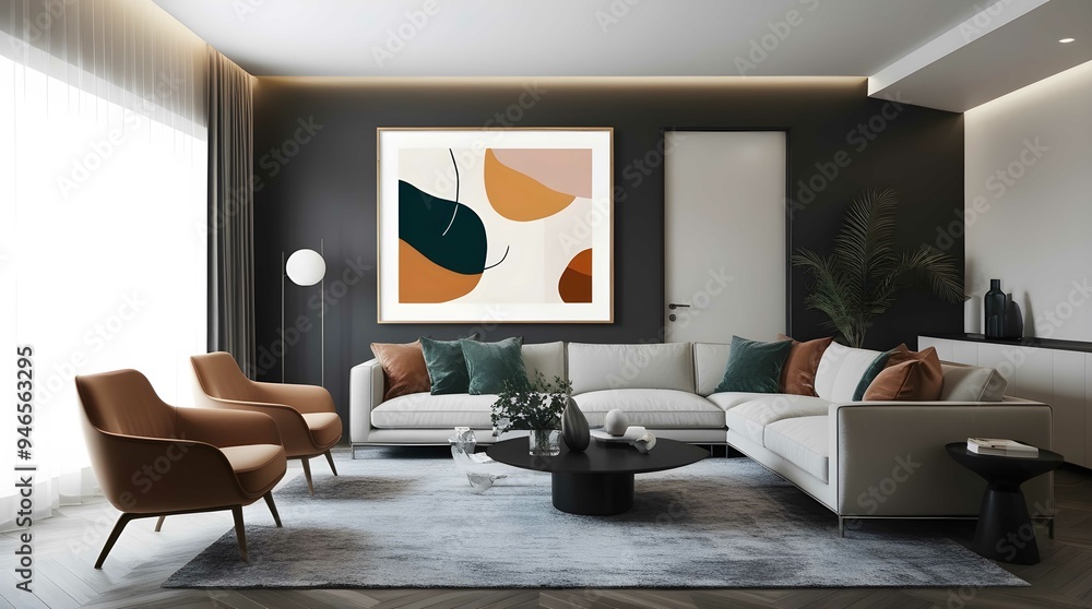 Chic Modern Living Room with Stylish Sofas, Chairs, and a Stunning Wall Painting Chic Modern Living Room with Stylish Sofas, Chairs, and a Stunning Wall Painting