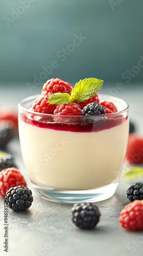 Traditional Rote Grutze red berry pudding in a glass dessert bowl, topped with vanilla sauce, on a linencovered table with fresh berries scattered around photo