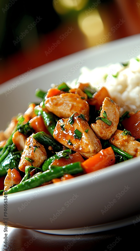 Turkey and vegetable stirfry with a soyginger sauce, served on a white plate with a side of jasmine rice Turkey and vegetable stirfry with a soyginger sauce, served on a white plate with a side of jasmine rice
