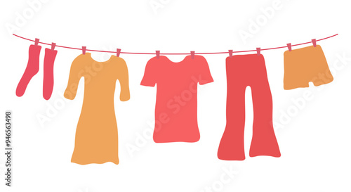Clothes hanging on clothesline in outdoor. Drying clothes. Vector flat illustration.