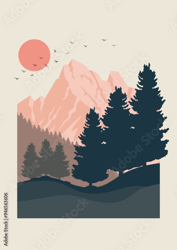 Beautiful scene of nature at sunrise vector illustration. Silhouette of forest in mountains poster. Kobuk Valley photo