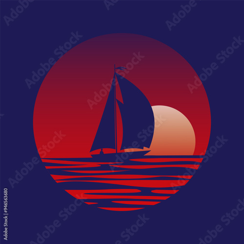 Nordic nature landscape in flat style. Scandinavian sea logo vector illustration. Norwegian fjord