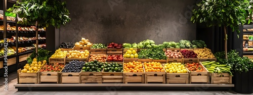 Fruit and vegetable display in organic grocery store with wooden boxes of fresh produce, fruit trees, greenery, interior design of modern grocery shop, architecture photography, warm lighting
