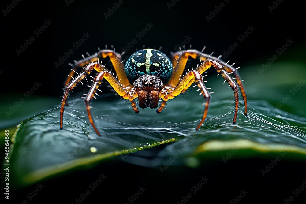 Spider weaving an intricate web, captured in a close-up photo that highlights the delicate, geometric patterns Spider weaving an intricate web, captured in a close-up photo that highlights the delicate, geometric patterns