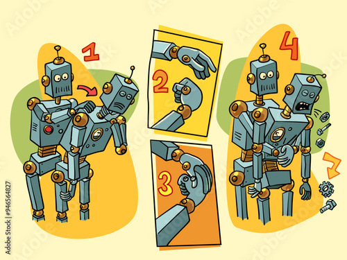 Heimlich maneuver, saving someone choking on food. Offer for repairing equipment and computers. Artificial intelligence will rehabilitate itself. The robot's parts are stuck.