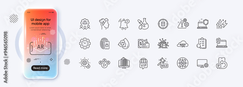 Enterprise, Quick tips and Computer fingerprint line icons for web app. Phone mockup gradient screen. Pack of Energy inflation, Cogwheel, Augmented reality pictogram icons. Vector
