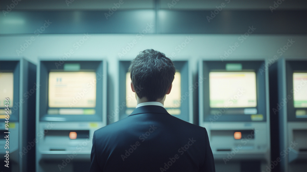 Businessman Standing in Front of a Row of ATMs with Blurred Screens Businessman Standing in Front of a Row of ATMs with Blurred Screens
