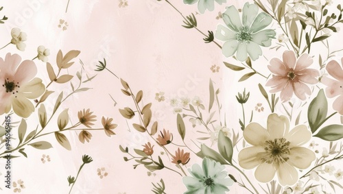 Classic floral wallpaper with delicate beige flowers on a soft pink background, perfect for decor