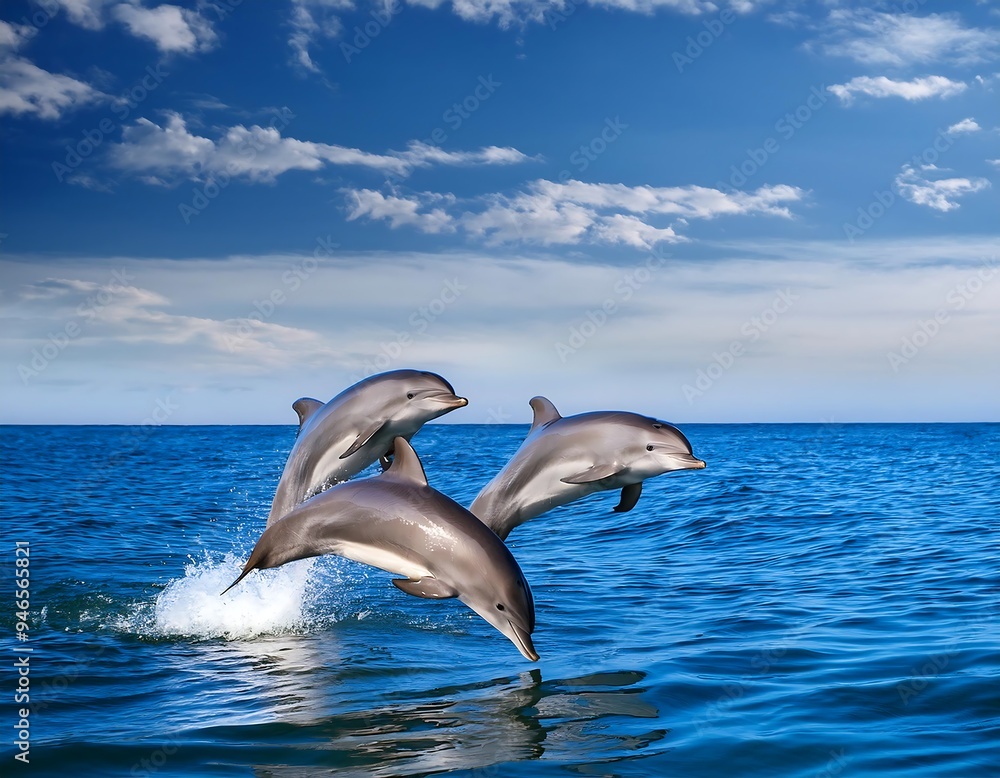 Obraz premium dolphins jumping water poster copy space