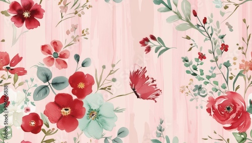 Seamless watercolor floral print with delicate brushstrokes in red and green, soft pink background