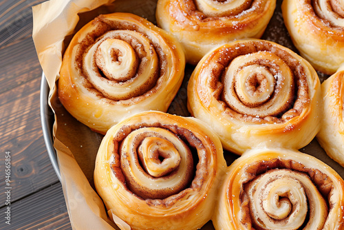 Cinnamon rolls freshly baked with rich frosting delicious dessert treats in a cozy kitchen setting