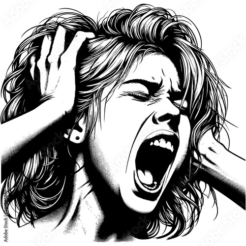 Distressed person screaming with hands on head in black and white drawing. Vector, generative ai.