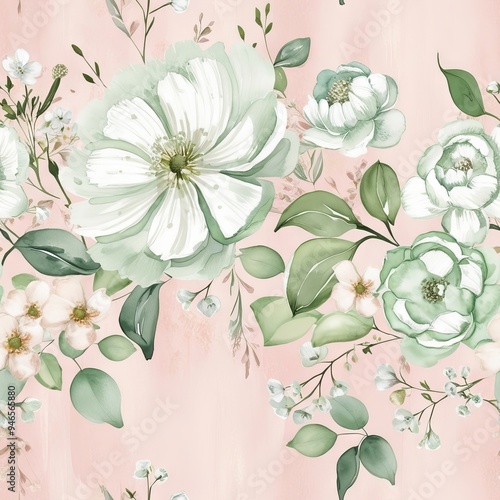 Elegant seamless floral print with white and green flowers on a pink backdrop, perfect for decor