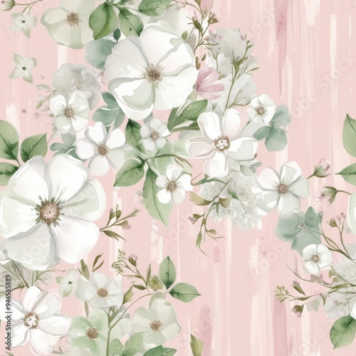 Soft watercolor floral pattern with delicate brushstrokes and pastel tones on a pink background