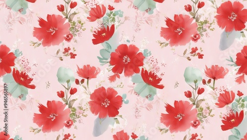 Dreamy vintage-style floral print with red and green flowers, soft pastel tones, and pink background
