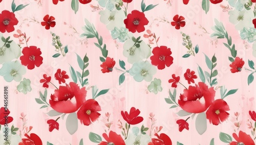 Romantic red and green floral background with subtle details on a pink backdrop, perfect for wallpape