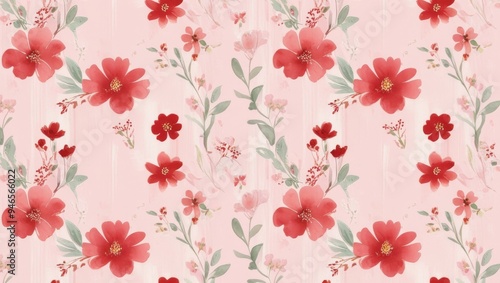 Elegant red and green floral watercolor background on pink background, perfect for vintage decor designs
