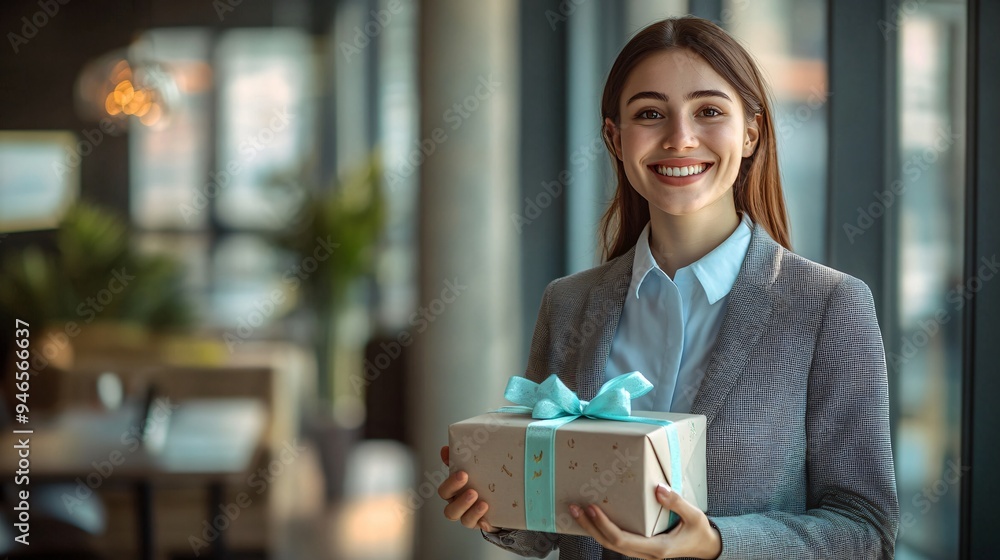 Fototapeta premium A happy woman in a business suit, holding a present box with a ribbon, standing in a modern office with large windows