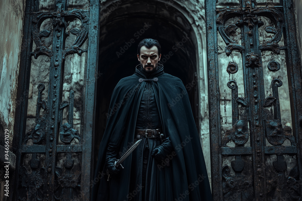 Naklejka premium A solitary vampire stands guard at the ancient city gates during the twilight hours, embodying an eerie presence