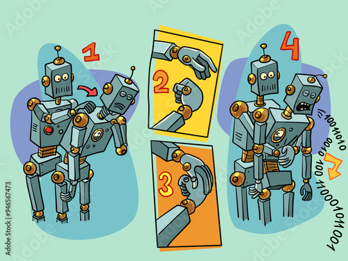 Heimlich maneuver, saving someone choking on food. Futuristic instructions for the future. Robots helping each other and repairing colleagues. The problem is in formulas and numbers.
