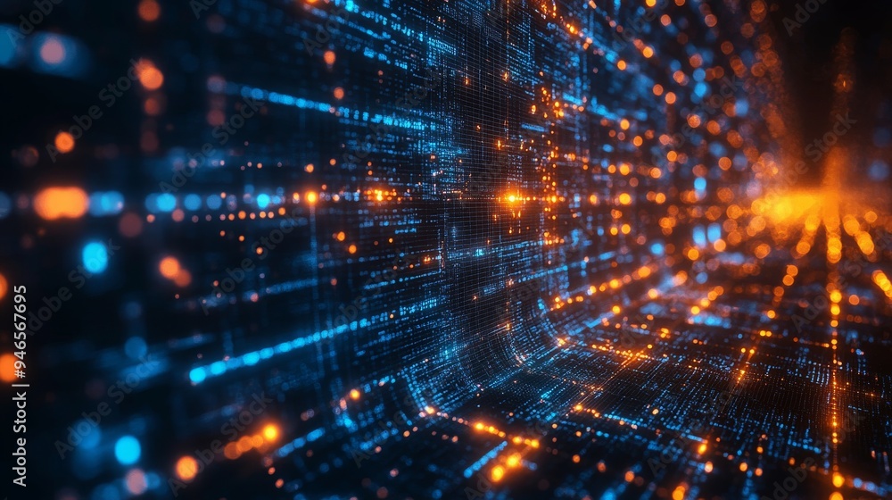 Fototapeta premium Holograms demonstrate secure data transmission in a digital landscape filled with vibrant blue and orange light patterns, highlighting technology's potential.